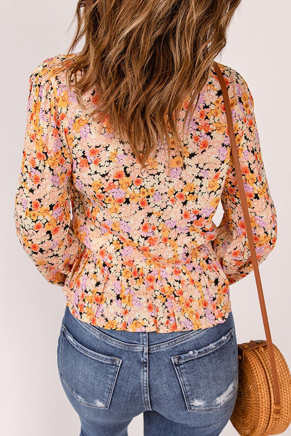 Floral Buttoned Plunge Peplum Blouse - LaLa D&C