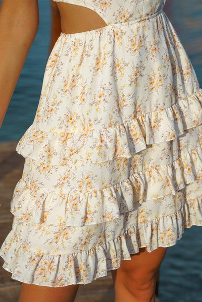 Floral Cutout Ruffle Shoulder Tiered Mini Dress - LaLa D&C
