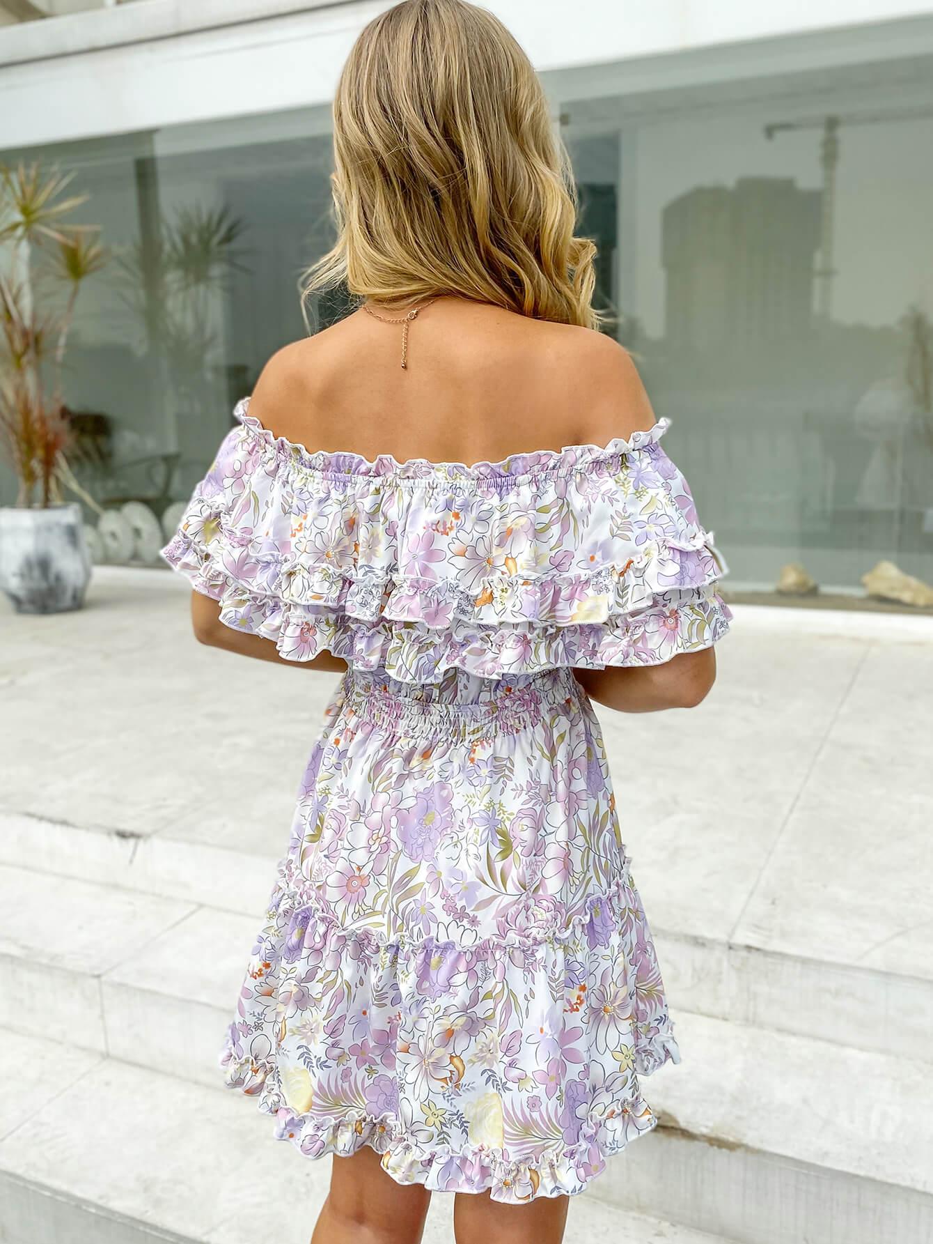 Floral Frill Trim Layered Off-Shoulder Dress - LaLa D&C