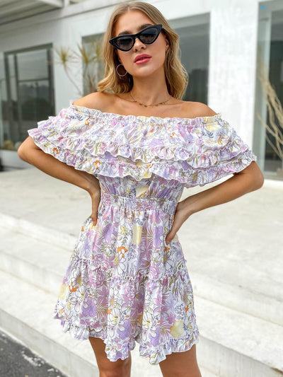 Floral Frill Trim Layered Off-Shoulder Dress - LaLa D&C