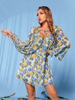 Floral Tie Front Deep V Split Sleeve Dress - LaLa D&C