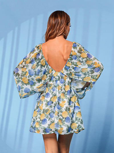 Floral Tie Front Deep V Split Sleeve Dress - LaLa D&C