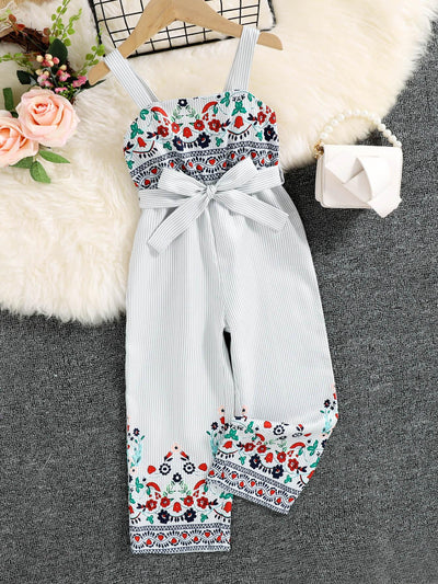 Girls Mixed Print Belted Sleeveless Jumpsuit - LaLa D&C