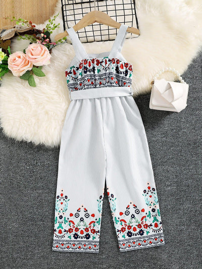 Girls Mixed Print Belted Sleeveless Jumpsuit - LaLa D&C