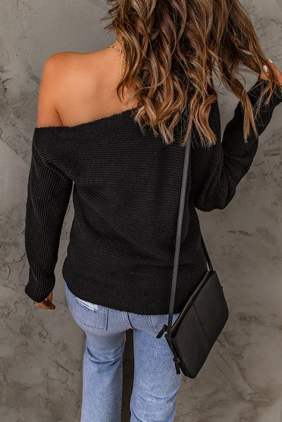 Horizontal Ribbing One-Shoulder Sweater - LaLa D&C