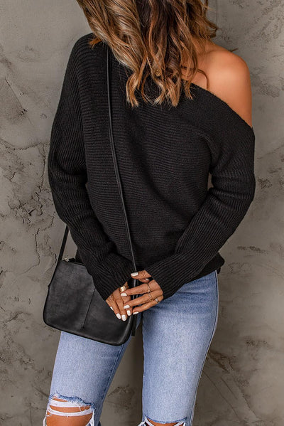 Horizontal Ribbing One-Shoulder Sweater - LaLa D&C