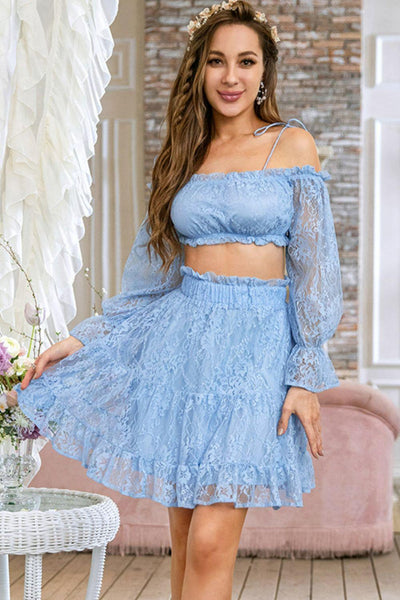 Lace Flounce Sleeve Cropped Top and Frill Trim Skirt Set - LaLa D&C