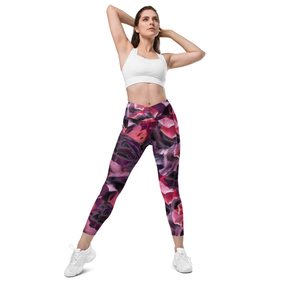 Rose Printed Crossover Leggings with Pockets - LaLa D&C