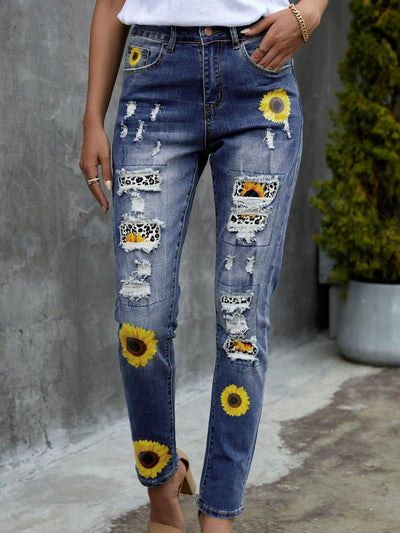 Leopard Patchwork Sunflower Print Distressed High Waist Jeans - LaLa D&C