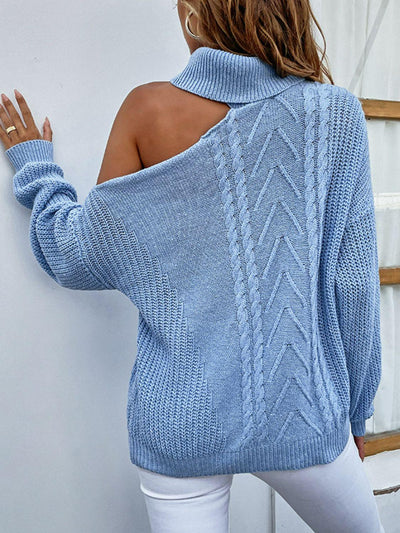 Mixed Knit Cold-Shoulder Turtleneck Sweater - LaLa D&C