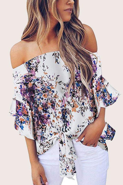 Off Shoulder Floral Tie Front Chiffon Blouse - LaLa D&C