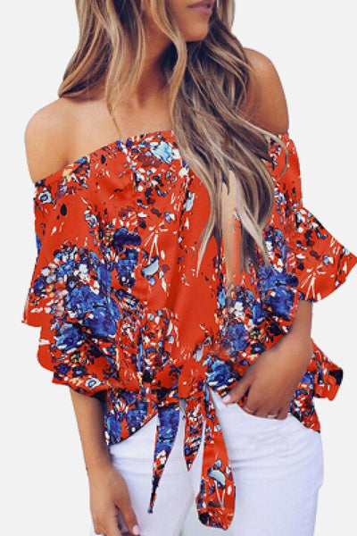 Off Shoulder Floral Tie Front Chiffon Blouse - LaLa D&C