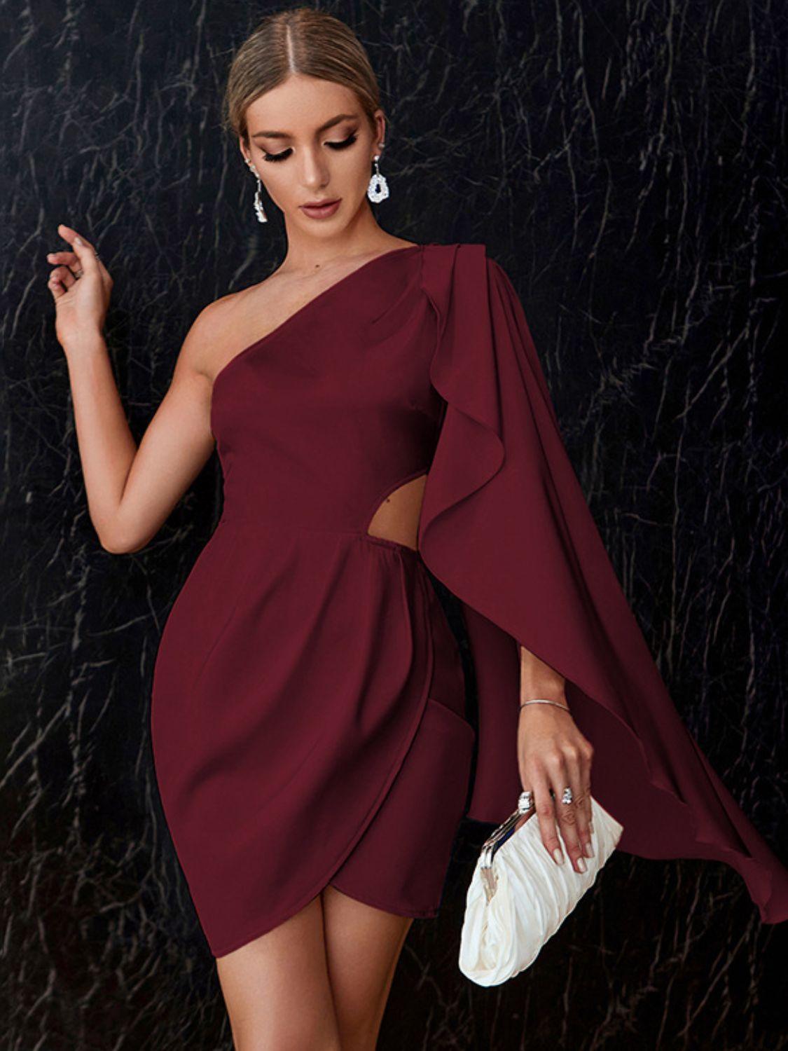 One-Shoulder Cloak Sleeve Cutout Dress - LaLa D&C