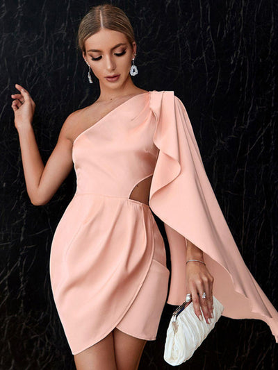 One-Shoulder Cloak Sleeve Cutout Dress - LaLa D&C