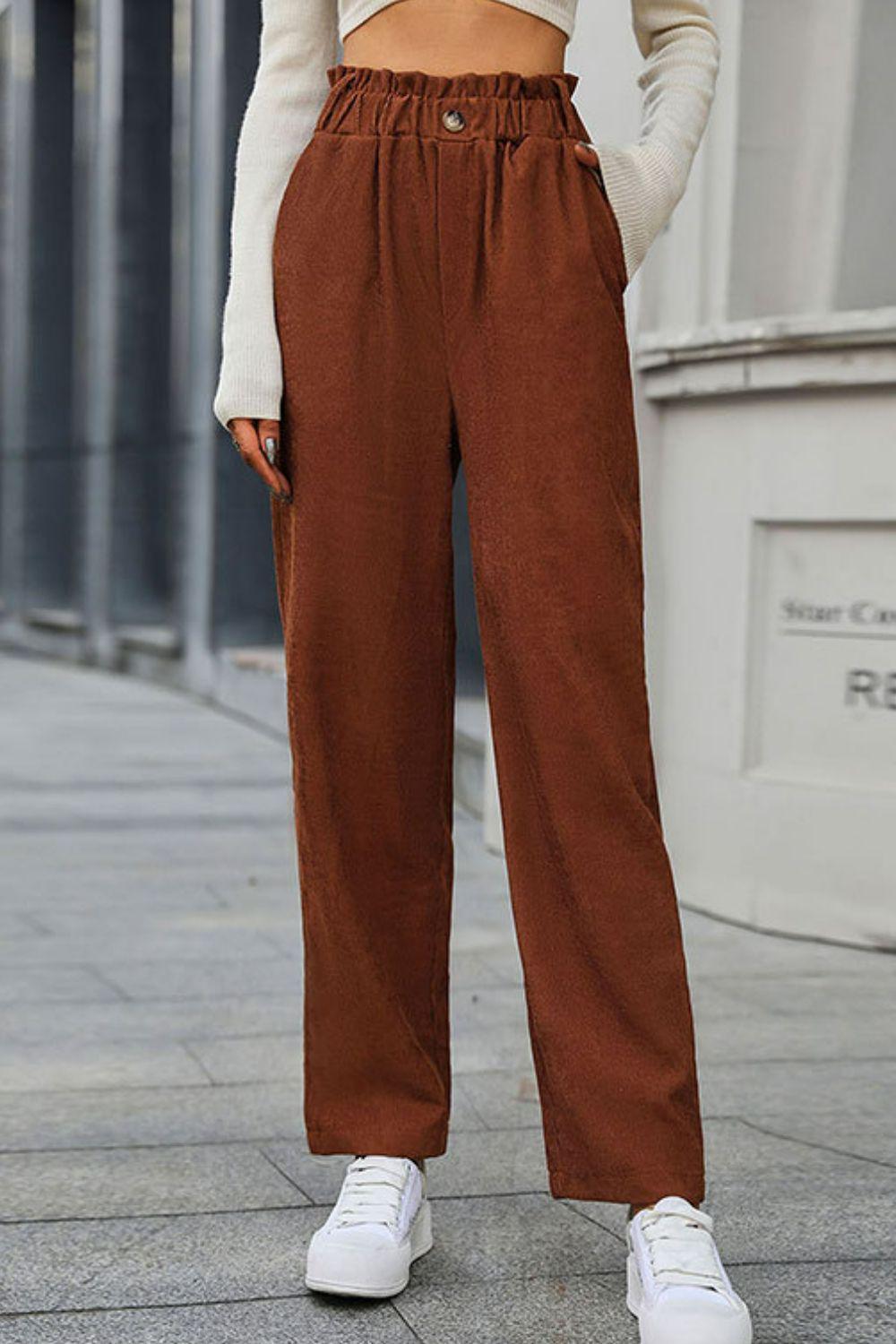 Paperbag Waist Straight Leg Pants with Pockets - LaLa D&C