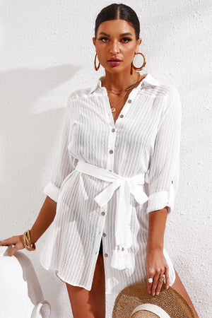 Pinstripe Tie Wiast Slit Shirt Dress - LaLa D&C