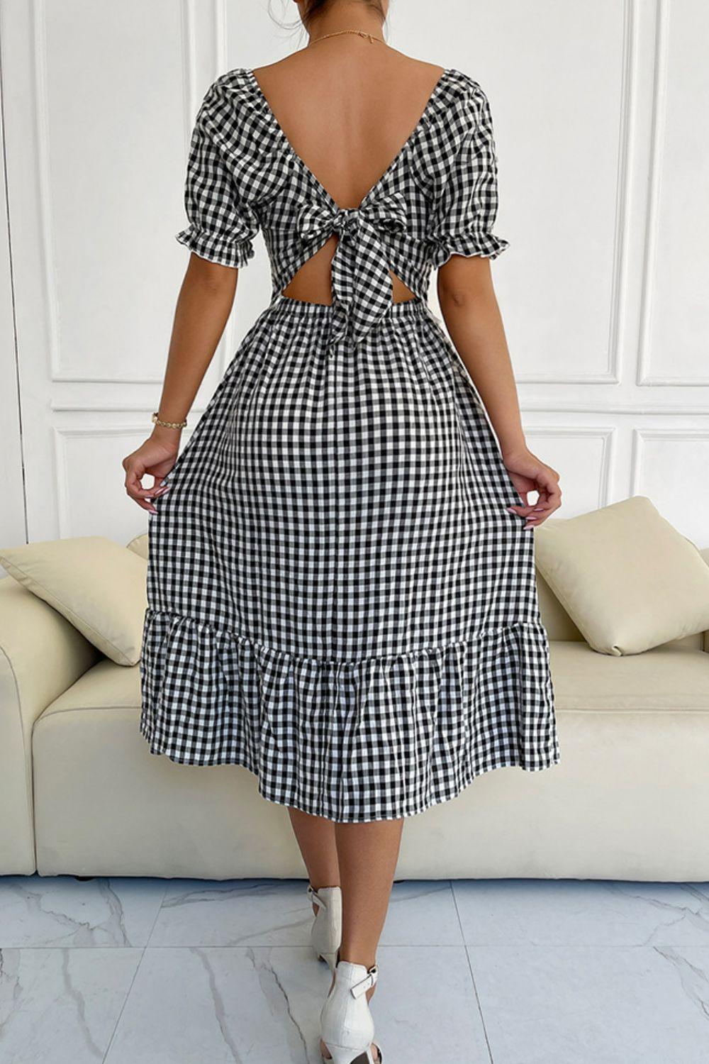 Plaid Cutout Square Neck Smocked Dress - LaLa D&C