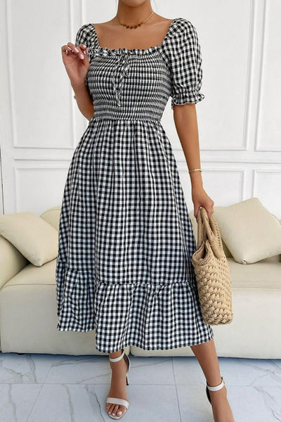 Plaid Cutout Square Neck Smocked Dress - LaLa D&C