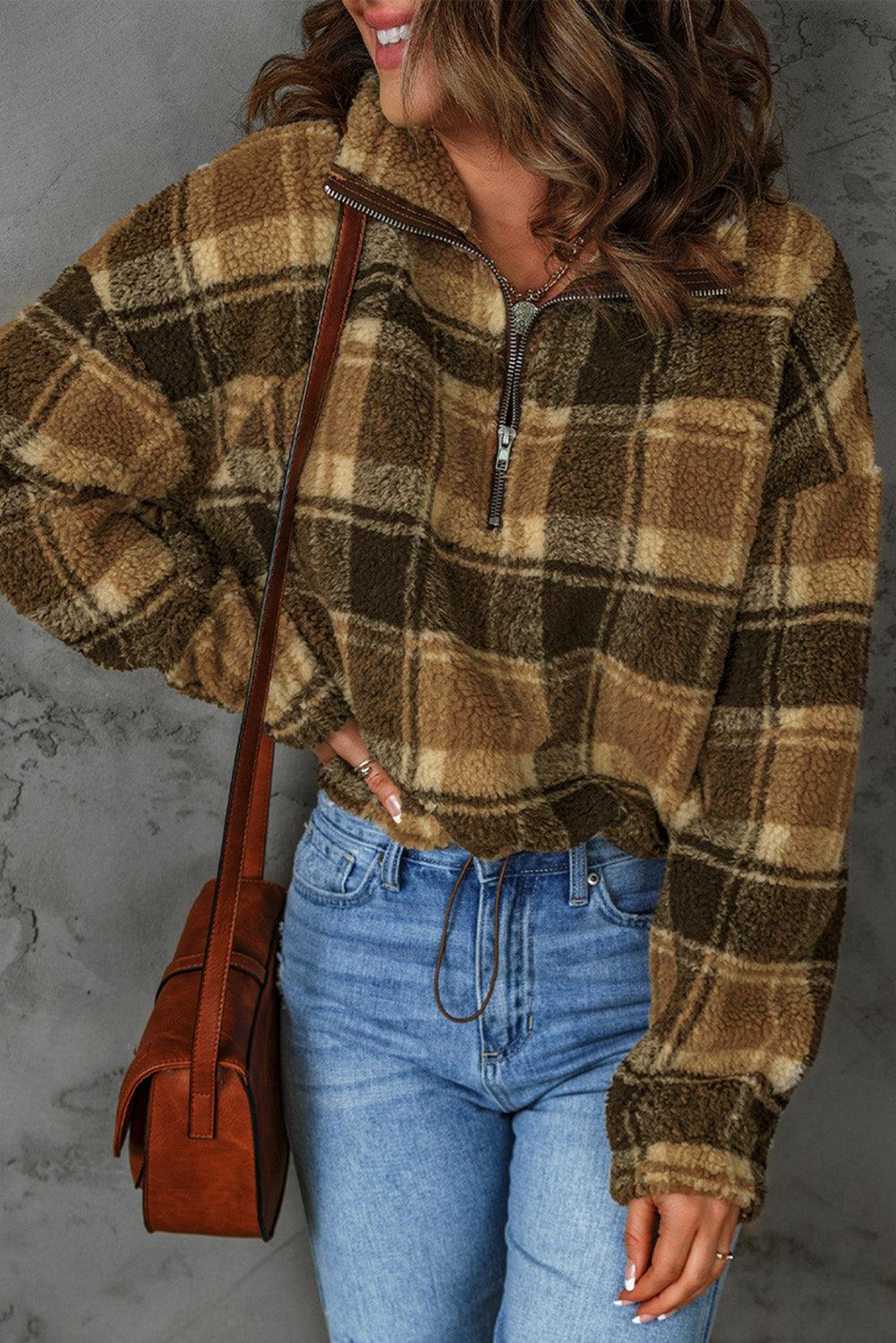 Plaid Quarter-Zip Fleece Sweatshirt - LaLa D&C