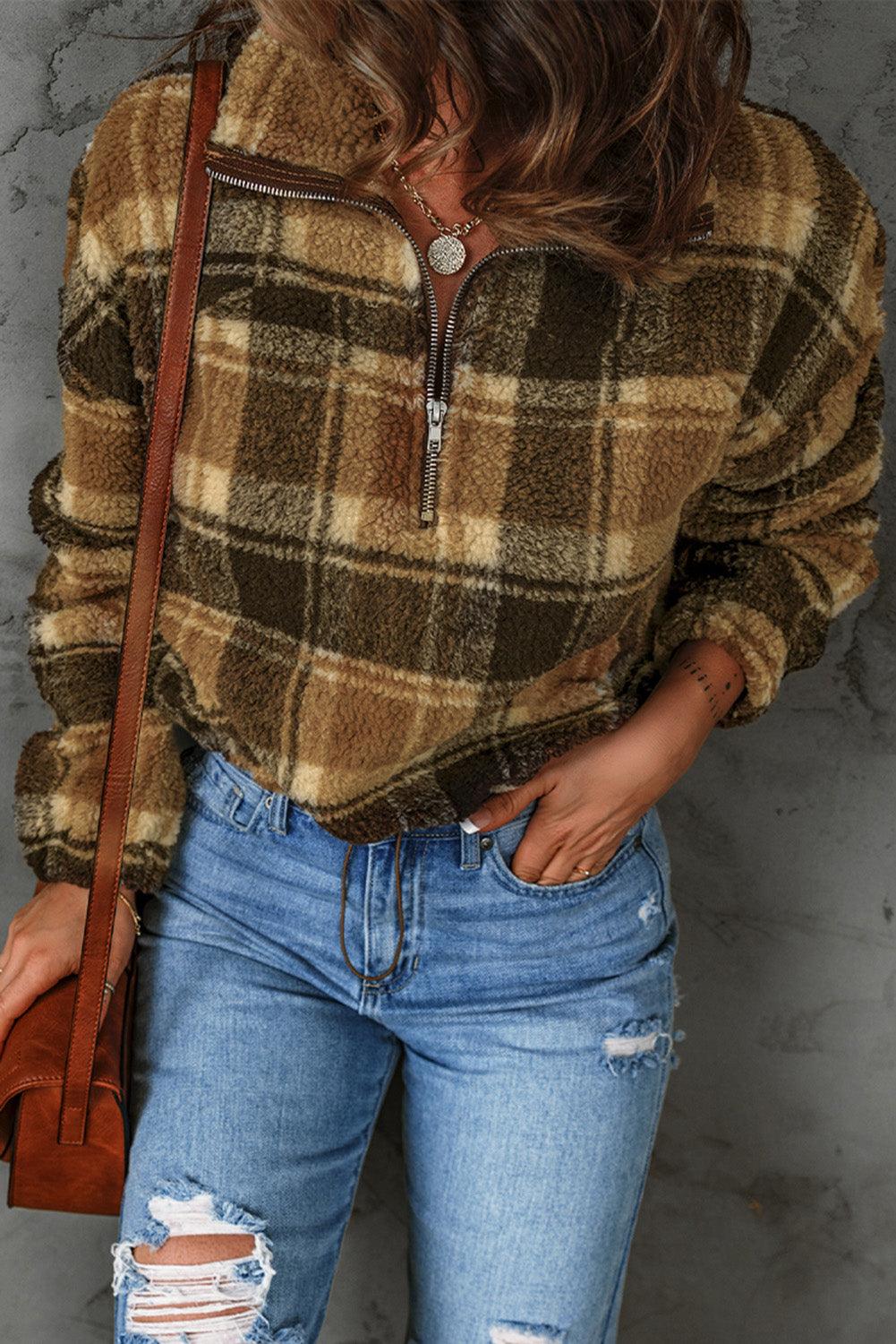 Plaid Quarter-Zip Fleece Sweatshirt - LaLa D&C