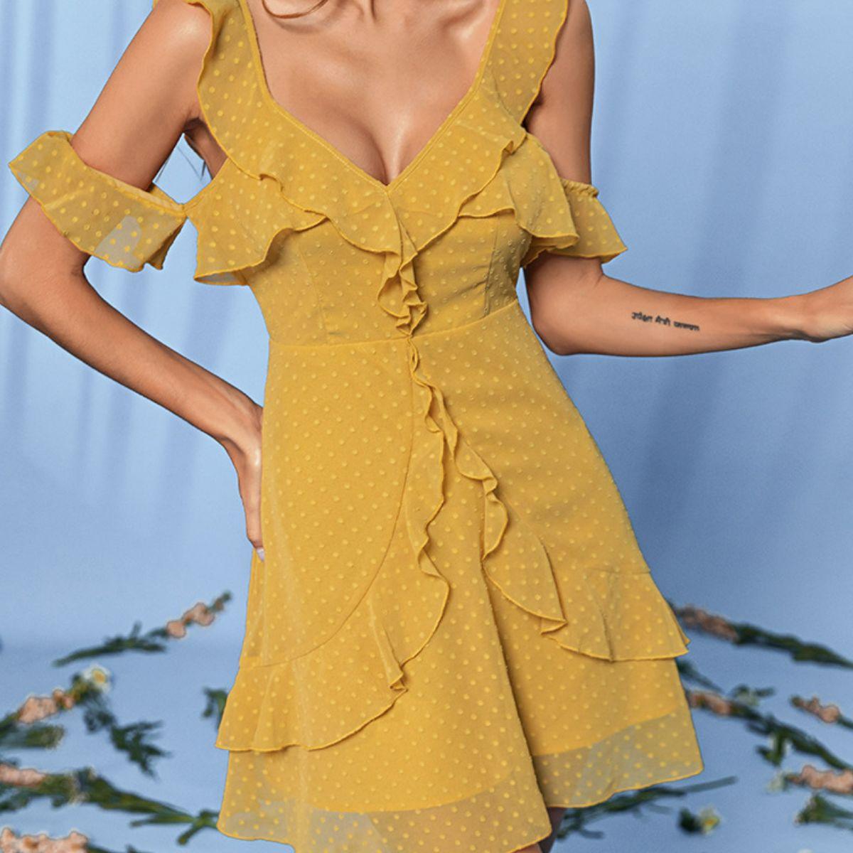 Polka Dot Ruffled Cold-Shoulder Mini Dress - LaLa D&C