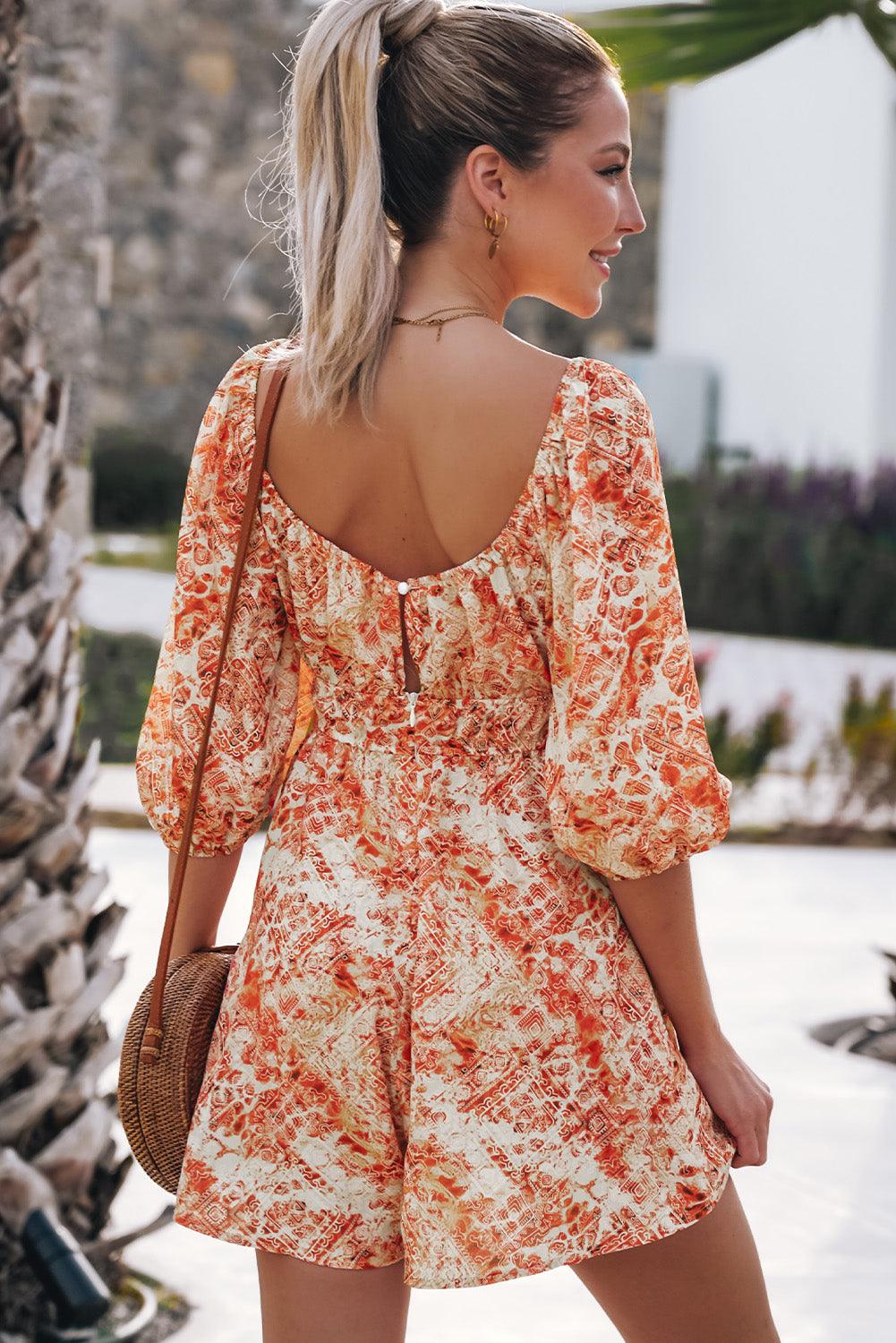 Printed Square Neck Puff Sleeve Romper - LaLa D&C