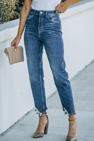 Ripped Ankle Straight Jeans with Pockets - LaLa D&C