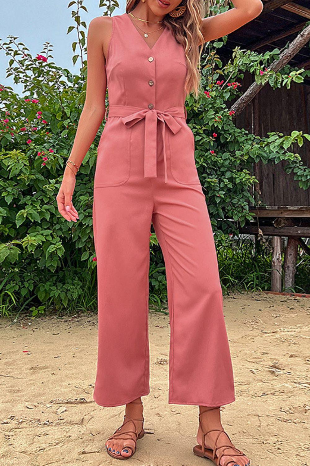 V-Neck Belted Sleeveless Jumpsuit with Pockets - LaLa D&C